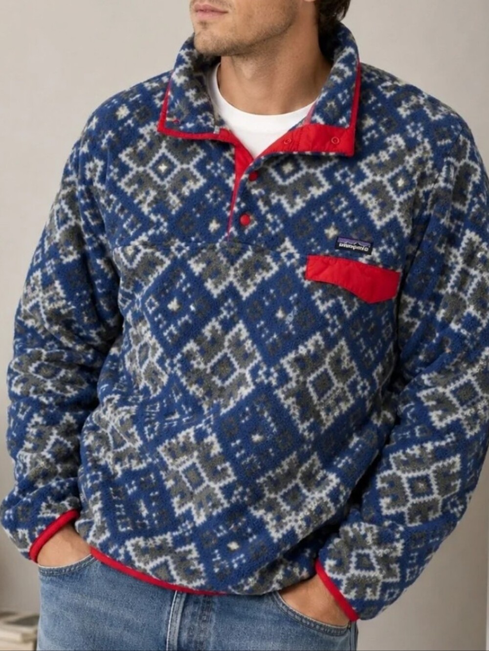 Patagonia Men's Synchilla Snap-T Pullover Printed Fleece Aurora Channel Blue